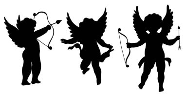 Ok ve yaylı Siluet Aşk Tanrısı. Sevgililer günü koleksiyonu. El çizimi şirin elementler antika tarzında. Amur Boy mu yoksa Tanrı Eros mu? Uçan melek sevgililer günü vektör illüstrasyonuna bayılırım..