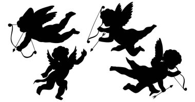 Ok ve yaylı Siluet Aşk Tanrısı. Sevgililer günü koleksiyonu. El çizimi şirin elementler antika tarzında. Amur Boy mu yoksa Tanrı Eros mu? Uçan melek sevgililer günü vektör illüstrasyonuna bayılırım..