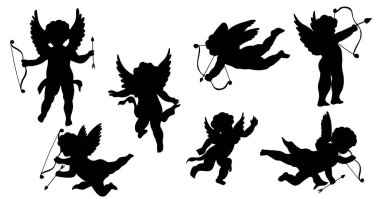 Ok ve yaylı Siluet Aşk Tanrısı. Sevgililer günü koleksiyonu. El çizimi şirin elementler antika tarzında. Amur Boy mu yoksa Tanrı Eros mu? Uçan melek sevgililer günü vektör illüstrasyonuna bayılırım..