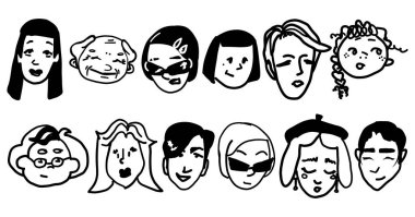 Farklı erkek ve kadın portreleri. Modaya uygun insanlar avatar, ikon, logo. Çağdaş çizgi film yüzleri seti. Taslak, şirin, el çizimi koleksiyonu. İzole vektör illüstrasyonu.