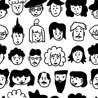 Farklı erkek ve kadın portreleri. Moda tarzı olan insanlar kusursuz kalıplar. Çağdaş çizgi film yüzleri seti. Soyut, şirin, el çizimi bir duvar kâğıdı. İzole vektör illüstrasyonu