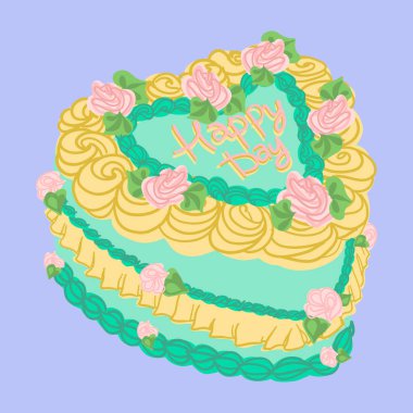 Cake heart shape. Sweet tasty green cake with pink roses, turquoise, yellow color cream decoration. Retro trendy style food. Hand drawn isolated vector illustration. Party, birthday celebration design clipart