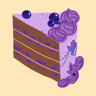 Yabanmersinli kek dilimi. Lezzetli dutlu kek. Mor renkli krem süsleme. Eski moda yemekler. El çizimi izole vektör çizimi. Parti, doğum günü, düğün, yıldönümü kutlama tasarımı.