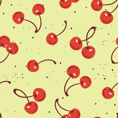Kirazlı kusursuz desen. Tatlı yaz kirazı. Modaya uygun antika kumaş. Çizgi film kırmızı yemek duvar kağıdı. Tatlı meyve arka planı. Kumaş tarzı. El çizimi izole vektör çizimi