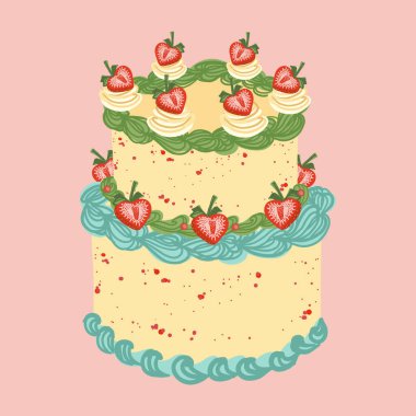 Çilekli pasta. Sarı yeşil krem rengi. Tatlı, eski moda moda yemekler. El çizimi izole vektör çizimi. Parti, doğum günü, düğün, yıldönümü kutlama tasarımı