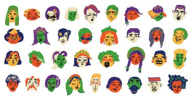Çeşitli erkek ve kadın portreleri seti. Modaya uygun insanlar avatar. Farklı yaş, ırk, saç modelleri, duygular. Çağdaş çizgi film yüzleri. Soyut el çizimi koleksiyonu. İzole vektör illüstrasyonu.