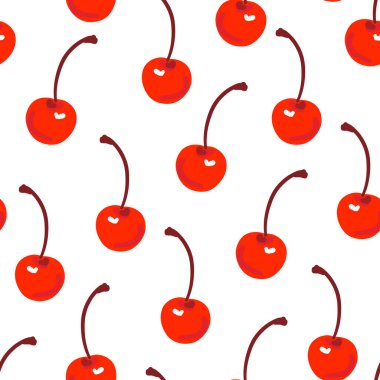 Kirazlı kusursuz desen. Tatlı yaz kirazı. Moda antika tarzı. Kırmızı çizgi film taze yemek duvar kağıdı. Tatlı meyve arka planı. Kumaş tarzı. El çizimi izole vektör çizimi