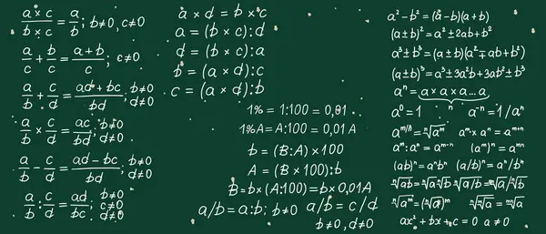 stock vector Mathematics formulas set. Hand drawn math algebraic formulas. School green board with sketch symbols icon in flat style. Education concept. Isolated vector illustration