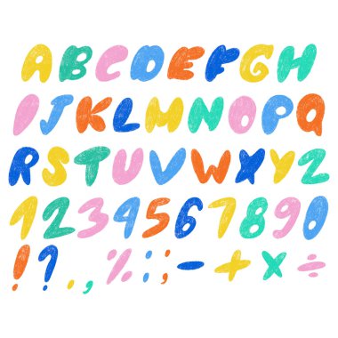 Tebeşir alfabesi çiziyor. Çocuklar harfleri, sayıları, sembolleri kaleme alır. Serbest ve çocuksu el çizimi. ABC Okulu Boya Fırçası karalama koleksiyonu. İzole vektör illüstrasyonu