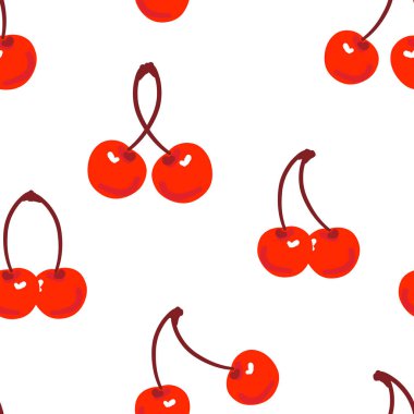 Kirazlı kusursuz desen. Tatlı yaz kirazı. Moda antika tarzı. Kırmızı çizgi film taze yemek duvar kağıdı. Tatlı meyve arka planı. Kumaş tarzı. El çizimi izole vektör çizimi
