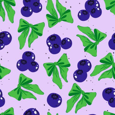 Yabanmersini ve yaban mersini kurdelesi pürüzsüz bir desen. Yaban mersini ve yeşil fiyonk. Eskimiş modaya uygun eski tarz duvar kâğıdı. Mor üzerine izole edilmiş şirin el çizimi çizgi film vektör çizimi