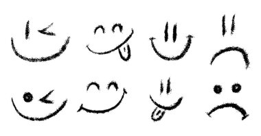 Tebeşir tebeşiri gülümseyen yüz simgesi seti. Kalıplı çocuklar farklı duygu simgeleri çizerler. Ruh hali, mutlu, üzgün, dilli gülen surat. Kalem boya kalemi çizimi komik izole vektör çizimi