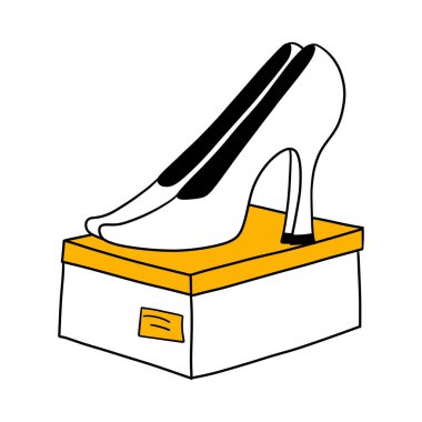 Yüksek topuklu ayakkabılar kutuda. Zarif ve zarif kadınlar ayakkabılarını giyer. Çizgi filmdeki el düz alışveriş ikonu çiziyor. Moda mağazası elemanı. Şeffaf arkaplanda izole vektör çizimi 