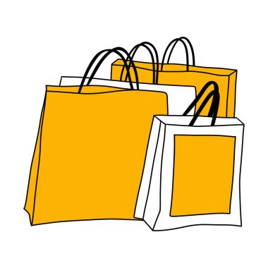 Alışveriş torbaları. El çizimi dört kese kâğıdı. El çizimi düz vektör çizimi şeffaf arkaplanda izole edildi 