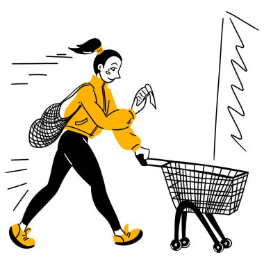 Kız boş çanta ve alışveriş arabasıyla markete gitmek için acele ediyor. Alışveriş listesi olan genç bir kadın spor giyim mağazasına koşuyor. Çizim el çizimi vektör çizimi izole edildi