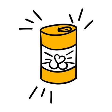 Konserve kedi maması. Evcil hayvan için konserve. Ev hayvanları ıslak yemek. Kedi kutuları korur. Yavru kedi atıştırma paketi. El çizimi çizgi çizimi düz vektör çizimi beyaz üzerine izole edildi