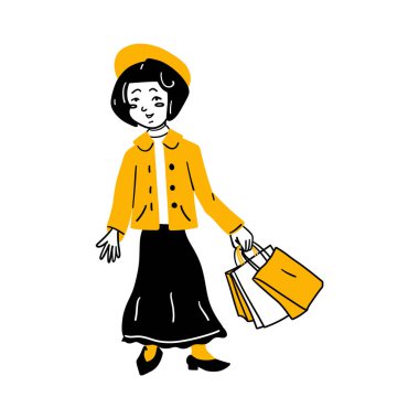 Alışveriş poşetleriyle şapkalı gülen kadın. Yaşlı kadın marketten ya da süpermarketten alışveriş yapıyor. Mutlu bayram hediyesi alışverişleri. Çizim el çizimi vektör çizimi şeffaf arkaplanda izole edildi