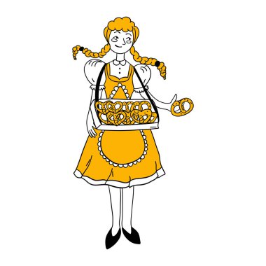Dirndl Elbiseli Krakerlerle Oktoberfest Kız. Geleneksel Bavyera kıyafetleri içinde gülen mutlu bir kadın. Sevimli genç bayan. Çizgi el çizimi düz vektör çizimi izole edildi