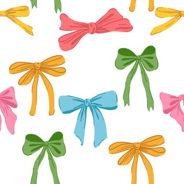 Pruva kurdelesi kusursuz desen. Güzel el çizimi duvar kağıdı. Coquette estetik fiyonklar. Çizgi film, beyaz arkaplanda izole edilmiş renkli vektör çizimi.