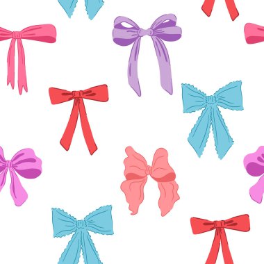 Pruva kurdelesi kusursuz desen. Güzel el çizimi duvar kağıdı. Coquette estetik fiyonklar. Çizgi film, beyaz arkaplanda izole edilmiş renkli vektör çizimi.