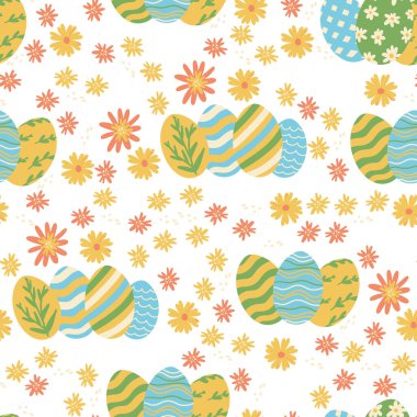 Paskalya yumurtaları kusursuz. Daisy Flowers ile boyanmış Paskalya Yumurtası Duvar Kağıdı. Beyaz Arkaplanda Renkli Tatil Yazdırma, Kumaş, Tekstil, Moda Vektörü İllüstrasyonu.