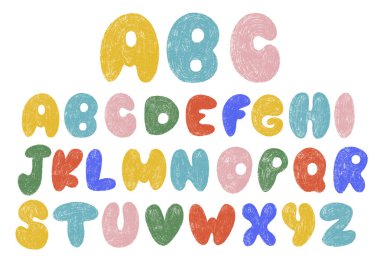 Tebeşir alfabesi çiziyor. Çocuklar kalem desenli mektuplar yazar. Serbest ve çocuksu el çizimi. ABC Okulu Boya Fırçası karalama koleksiyonu. İzole vektör illüstrasyonu. 