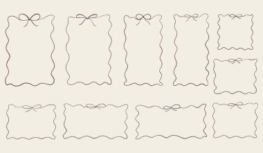 El çizimi kurdele çerçevesi seti. Tebeşir dalgalı kalem dokusu karalama kıvrımlı sınır koleksiyonu. Farklı boyutlarda: düğün davetiyesi, tebrik kartı, kartpostal tasarımı. Vintage vektör illüstrasyonu