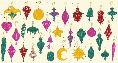 Vintage Cam Noel Oyuncak Koleksiyonu. Zarif Xmas Ball Retro Set. Yeni yılda lüks oyuncaklar çizdim. Eski moda mücevher. Çizgi film karalaması estetik vektör çizimi dokulu arkaplanda izole edildi