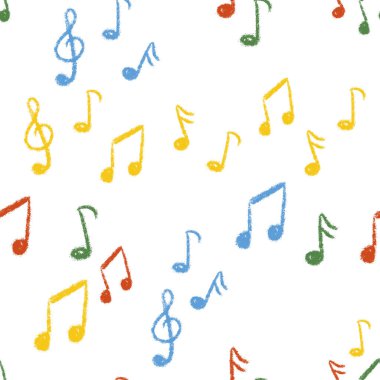 Tebeşir desenli notalar kusursuz desen. Müzikal Not İşaretleri. Üç Kollu Anahtar. Çocuklar kalem karalama sembolleri. Serbest ve çocuksu el çizimi. Okulun fırça karalaması. Vektör çizimi izole edildi