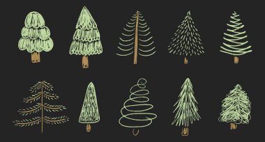 Tebeşir Çocukları Noel Ağaçları Koleksiyonu. Yeni yıl yeşil kalem desenli bitkiler. Çam, köknar ağacı, Xmas ladini el yapımı pastel boya. Çizgi çocuk çizimi çizim vektör çizimi