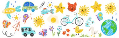 Çocuklar büyük çizimler yapar. Bebeklerin el yazısıyla çizdiği pastel boya: gülümse güneş, çiçek, ördek, araba, dünya, bisiklet, kelebek. Şirin kalem okulu vektör çizimi izole edildi