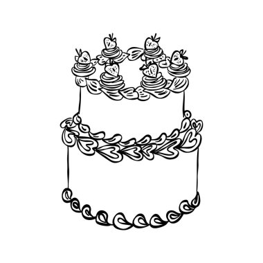 Tuhaf bir çilekli pasta. Klasik stil minimalist taslak mürekkep zarif. Coquette Line 'ın son moda yemekleri. Elle çizilmiş karalama izole edilmiş vektör çizimi. Eski parti doğum günü yıldönümü, düğün tasarımı