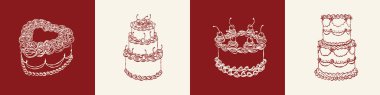 Tuhaf kek seti. Klasik stil minimalist taslak mürekkep zarif elementler. Coquette Line 'ın son moda yemekleri. Elle çizilmiş karalama izole edilmiş vektör çizimi. Eski parti doğum günü yıldönümü, düğün tasarımı