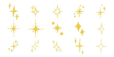 Yıldızlar büyük. Tebeşir desenli çocuklar el yazısıyla ışarak ışıldıyor. Pastel boyayla çizilmiş çocuk kıvılcımı. Pastel kalem çocuksu dekoratif ışıltı koleksiyonu. Çizim vektör çizimi izole edildi