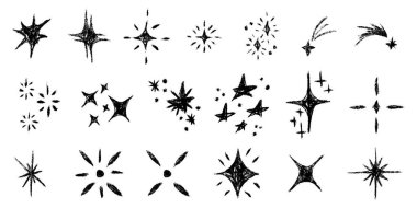 Yıldızlar büyük. Tebeşir desenli çocuklar el yazısıyla ışarak ışıldıyor. Pastel boyayla çizilmiş çocuk kıvılcımı. Pastel kalem çocuksu dekoratif ışıltı koleksiyonu. Çizim vektör çizimi izole edildi