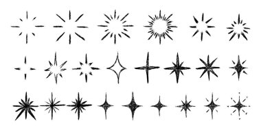 Yıldızlar büyük. Tebeşir desenli çocuklar el yazısıyla ışarak ışıldıyor. Pastel boyayla çizilmiş çocuk kıvılcımı. Pastel kalem çocuksu dekoratif ışıltı koleksiyonu. Çizim vektör çizimi izole edildi