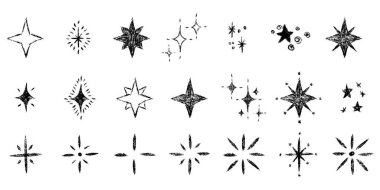 Yıldızlar büyük. Tebeşir desenli çocuklar el yazısıyla ışarak ışıldıyor. Pastel boyayla çizilmiş çocuk kıvılcımı. Pastel kalem çocuksu dekoratif ışıltı koleksiyonu. Çizim vektör çizimi izole edildi