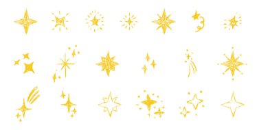 Yıldızlar büyük. Tebeşir desenli çocuklar el yazısıyla ışarak ışıldıyor. Pastel boyayla çizilmiş çocuk kıvılcımı. Pastel kalem çocuksu dekoratif ışıltı koleksiyonu. Çizim vektör çizimi izole edildi