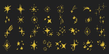 Yıldızlar büyük. Tebeşir desenli çocuklar el yazısıyla ışarak ışıldıyor. Pastel boyayla çizilmiş çocuk kıvılcımı. Pastel kalem çocuksu dekoratif ışıltı koleksiyonu. Çizim vektör çizimi izole edildi