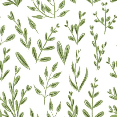 Tebeşir botanik çiçekli, dikişsiz desen. Dallar, yapraklar, bitkiler, yabani bitkiler. Elle çizilmiş kumaş desenli parmak izi. Yaban çiçeği yapraklı duvar kâğıdı. Freehand klasik kalem dokusu vektör illüstrasyon arkaplanı