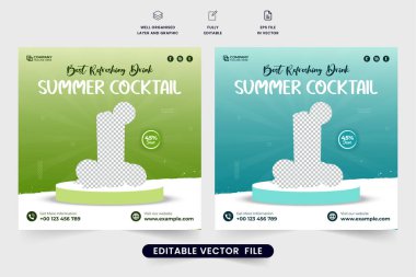 Yeşil ve mavi renkli en iyi kokteyl sosyal medya posta vektörü. Dijital pazarlama için organik kokteyl ve meyve suyu şablonu tasarımı. Fırça efektli yaz içeceği reklamı poster vektörü.