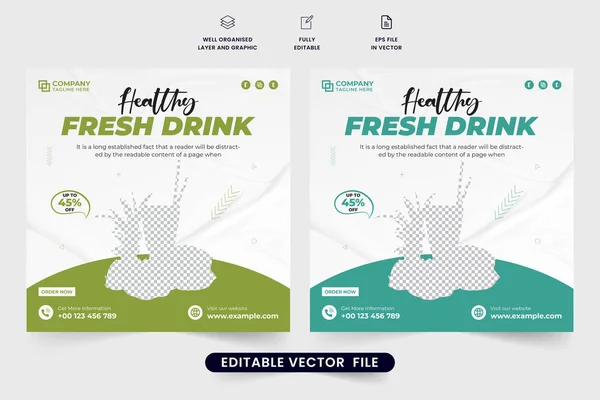 Restoranlar ve meyve suyu barları için taze ve sağlıklı içecek promosyon şablonu. Yeşil ve mavi renkli organik meyve suyu ve kokteyl reklam afişi tasarımı. Sağlıklı içecek sosyal medya paylaşımı.