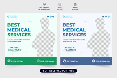 Reklam için klinik sağlık hizmeti şablonu. Modern hastane sosyal medyası yeşil ve mavi renklerde bir vektör gönderiyor. Dijital pazarlama için tıbbi tanıtım web pankartı şablonu.
