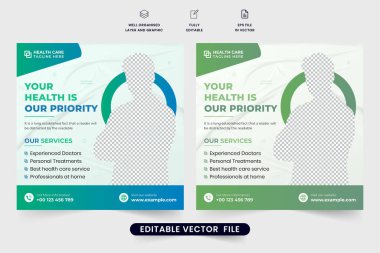 Fotoğraf tutucuları olan tıbbi sosyal medya posta vektörü. Dijital pazarlama için hastane sağlık hizmeti poster tasarımı. Sağlık hizmeti reklam şablonu yeşil ve mavi renkli vektör.