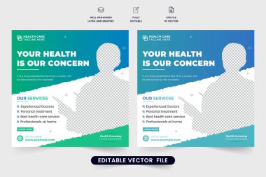 Pazarlama için özel tıbbi tedavi sosyal medya postası tasarımı. Klinik sağlık hizmeti tanıtım web pankartı tasarımı yeşil ve mavi renklerde. Hastane doktoru tedavi reklam afişi taşıyıcısı.