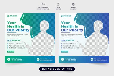 Doktor tıbbi tedavi ve sağlık hizmeti şablonu yeşil ve mavi renkli. Hastane tesisleri ve tedavi reklam afişi tasarımı. Sosyal medya için yaratıcı tıbbi şablon.