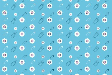 Çiçekli, bebek besleyicili ve çengelli iğne ikonlu güzel çocuk desenli tasarımı. Çocuksu kıyafetler, kitap kapakları ve duvar kağıtları için kusursuz desenli dekorasyon. Bitmek bilmeyen çocuksu desen dekorasyonu.