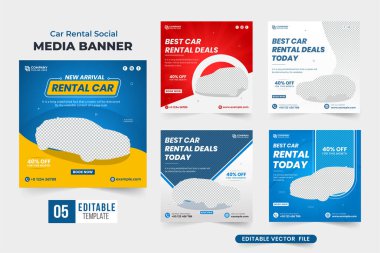 Araba kiralama işi reklamları için bir demet şablon. Otomobil ve kiralık bir araba işi web pankartı mavi ve sarı renkli dizayn. Araba kiralama sosyal medya posta vektör koleksiyonu.