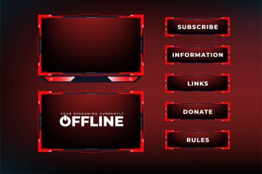 Modern oyun örtüsü ve kırmızı renkli ekran paneli vektör tasarımı. Karanlık bir arka planda canlı yayın kaplama tasarımı. Tuşlu oyun sınır tasarımı yayınlayın. Soyut oyun ekranı arayüzü.