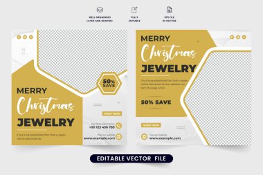 Beyaz arka planda lüks kuyumcu tanıtım afişi tasarımı. Özel süsleme sosyal medya, altın ve koyu renkli post vektörü. Pazarlama için moda mücevher satışı web pankartı şablonu.
